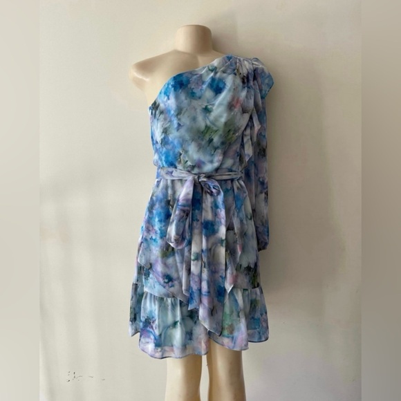 Alex Marie Blue Floral Print One Shoulder Long Sleeve Tie Waist Chiffon Dress - Picture 2 of 5